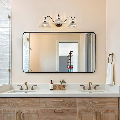 Vintage Bathroom Vanity Light Fixtures - 3 Light Antique Matte Black Bathroom Lights Fixture Over Mirror with Clear Flower Glass,Retro High End Wall-Mounted Vanity Lighting for Bath Powder Room