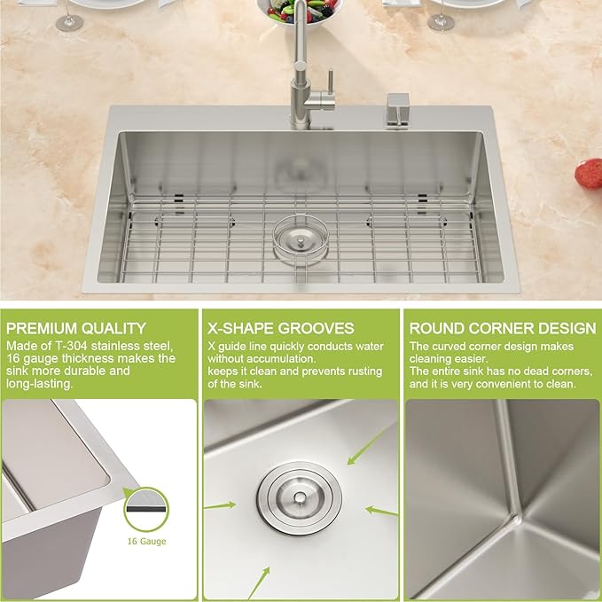 30 Drop in Kitchen Sink - Meryaio 304 Stainless Steel Topmount 16 Gauge 30x22 Single Bowl Sinks for Kitchen, Handmade Above Counter Large Kitchen Sinks Basin with Drain Accessories, 30''x22''x9''