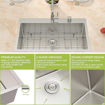 30 Drop in Kitchen Sink - Meryaio 304 Stainless Steel Topmount 16 Gauge 30x22 Single Bowl Sinks for Kitchen, Handmade Above Counter Large Kitchen Sinks Basin with Drain Accessories, 30''x22''x9''