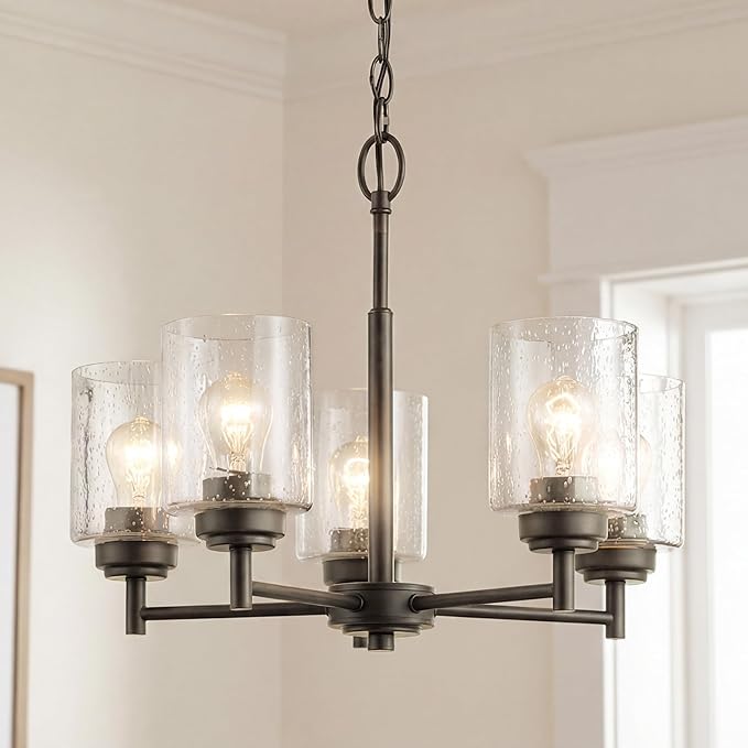 Kichler Winslow 19.75" Chandelier in Olde Bronze®, 5-Light Chandelier for Dining Room, Living Room, or Bedroom, Clear Seeded Glass, (19.75" W x 16" H), 44030OZ