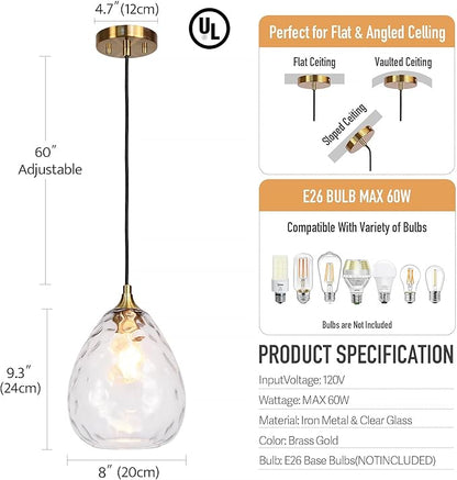 Gold Pendant Lighting with Clear Hammered Glass Shade, 1-Light Art Deco Hanging Lamp for Kitchen Island, Dining Room, Bedroom (Clear Glass Shade)