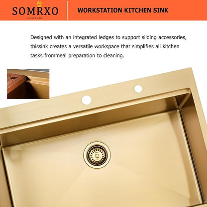 33x22 Drop in Kitchen Sink Gold - 16 Gauge Stainless Steel Single Bowl Workstation Sink with Accessories, 10 Inch Deep Topmount