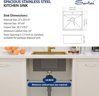 Sarlai 21 Gold Kitchen Sink with Faucet- 21x20 Inch Drop In Kitchen Sink Gold Ledge Workstation Sinks 16 Gauge Stainless Steel Single Bowl Topmount Sinks with Pull-out Faucet