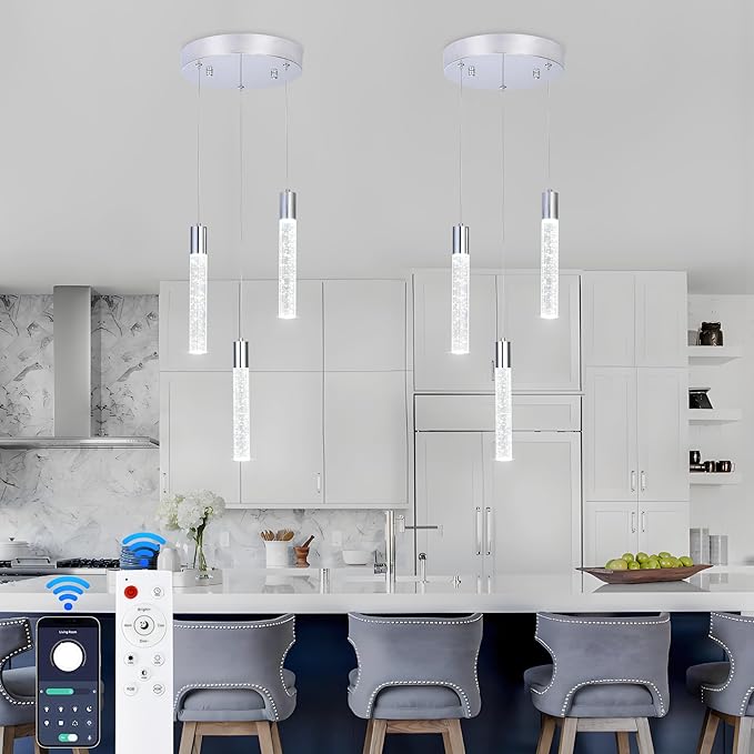 3 Light Pendant Lights Kitchen Island,Modern LED Bubble Crystal Pendants with Dimmable 3000K-6000K Ceiling Hanging Light Fixture for Dining Room Bedroom,Chrome Finish,Adjustable Height 59"