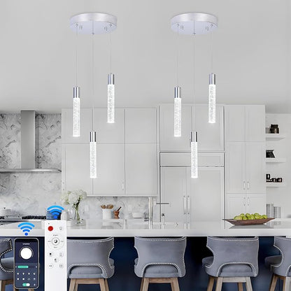 3 Light Pendant Lights Kitchen Island,Modern LED Bubble Crystal Pendants with Dimmable 3000K-6000K Ceiling Hanging Light Fixture for Dining Room Bedroom,Chrome Finish,Adjustable Height 59"