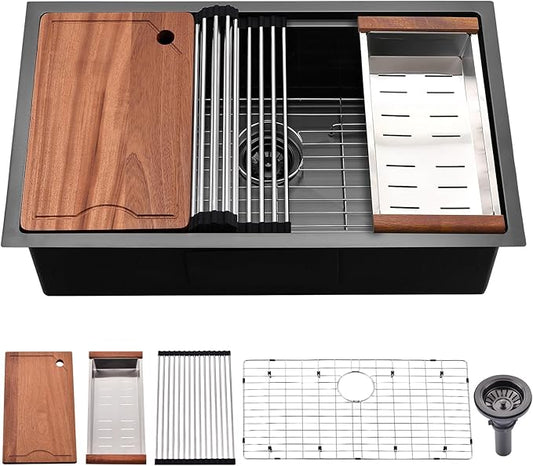 28 Inch Undermount Kitchen Sink Black - 16 Gauge Black Satainless Steel Kitchen Sink Undermount 28x18,10 Inch Deep Single Bowl Workstation Sinks with Accessories