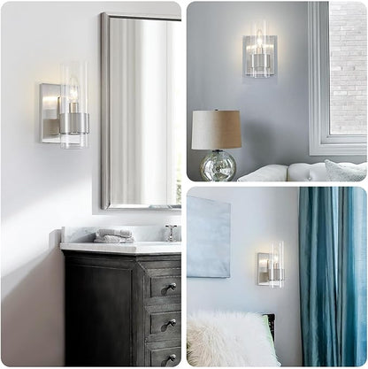 WUZUPS Set of 2 1-Light Bathroom Wall Light Fixture Over Mirror Flat Class Shade Morden Vanity Scones for Bathroom Bedroom Living Room, E12 Base, Brushed Nickel