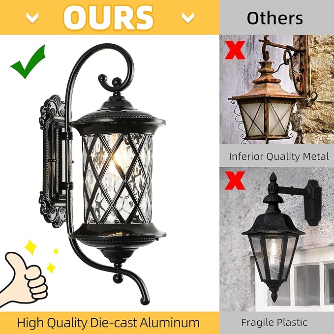 NLIEOPDA Retro Large Outdoor Wall Lanterns 24" Exterior Light Fixtures Coach Light Waterproof Aluminium with Water Glass Outside Wall Lamps for House Front Door Garage Porch Lighting, Black