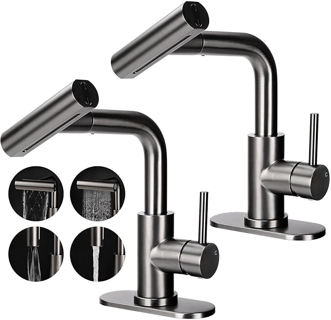 Bathroom Sink Faucet with 4 Mode Pull Down Sprayer, Matte Grey Single Handle Pull Out Faucet with Pop-Up Drain, 1 or 3 Hole Laundry Bar Basin Faucet with Deck Plate