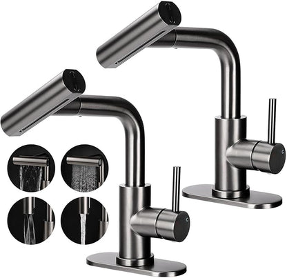 Bathroom Sink Faucet with 4 Mode Pull Down Sprayer, Matte Grey Single Handle Pull Out Faucet with Pop-Up Drain, 1 or 3 Hole Laundry Bar Basin Faucet with Deck Plate