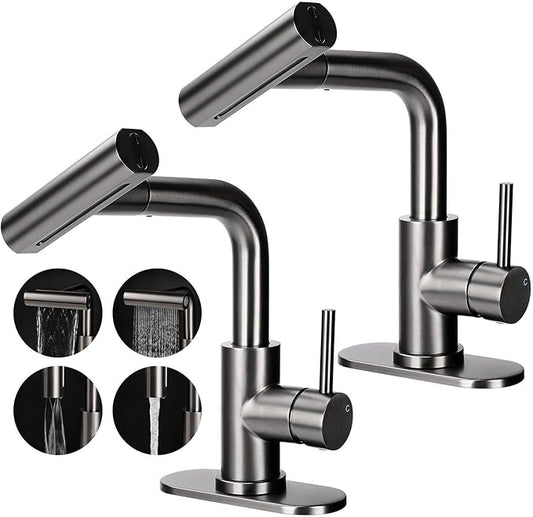 Bathroom Sink Faucet with 4 Mode Pull Down Sprayer, Matte Grey Single Handle Pull Out Faucet with Pop-Up Drain, 1 or 3 Hole Laundry Bar Basin Faucet with Deck Plate