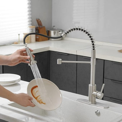VOTON Kitchen Faucets with Pull Out Sprayer Commercial Spring Sink Faucet Stainless Steel Brushed Nickel Pull Down Single Handle Farmhouse faucets with Deck Plate for Camper Laundry Utility Rv Wet Bar