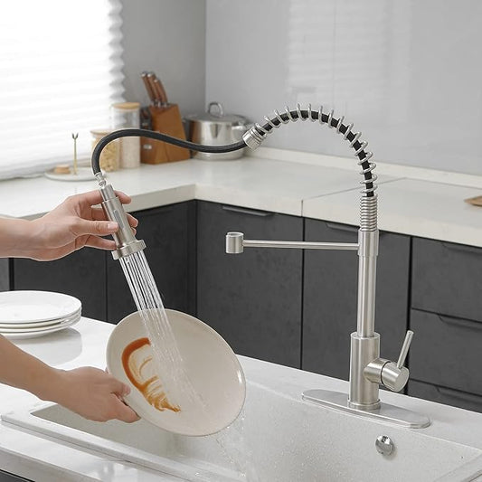 VOTON Kitchen Faucets with Pull Out Sprayer Commercial Spring Sink Faucet Stainless Steel Brushed Nickel Pull Down Single Handle Farmhouse faucets with Deck Plate for Camper Laundry Utility Rv Wet Bar