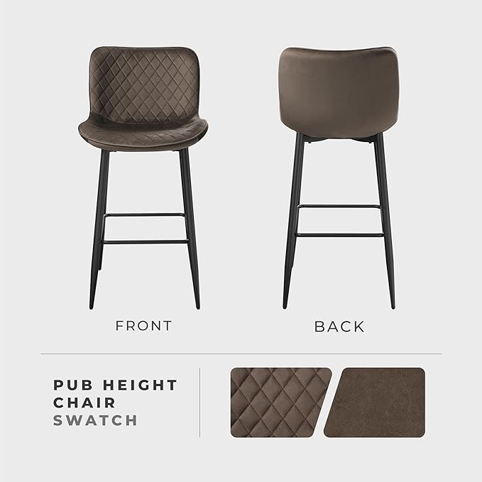 Lexicon Bar Stools Set of 2 - Bar Height Stools for Dining Room, Kitchen, Solid Padded Back, Tall, Black Metal Finish and Brown Velvet Cushion Seat, 29''SH