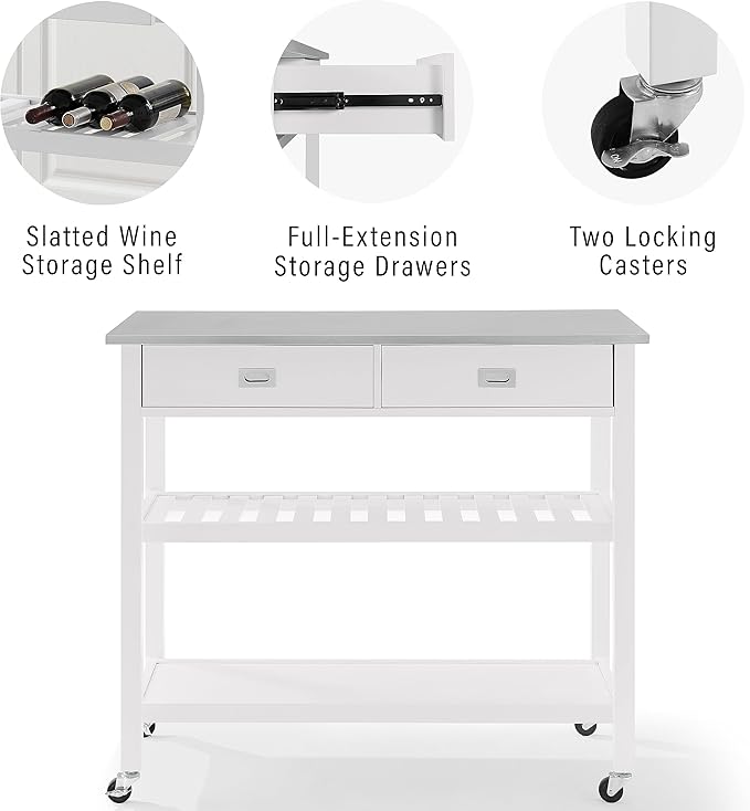 Crosley Furniture Chloe Stainless Steel Top Rolling Kitchen Island Storage Cart, Microwave Stand, Wine Rack, White