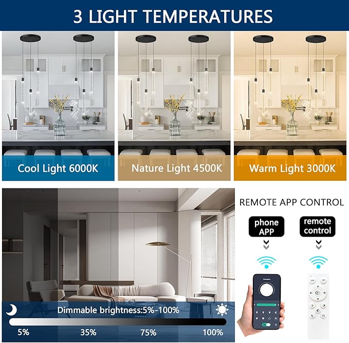 3 Lights Crystal Pendant Lights for Kitchen Island Mini Chandelier Adjustable Hanging Ceiling Light fixtures LED Dimmable Pendant Lighting for Dining Room Hallway