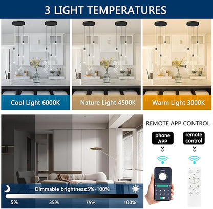 3 Lights Crystal Pendant Lights for Kitchen Island Mini Chandelier Adjustable Hanging Ceiling Light fixtures LED Dimmable Pendant Lighting for Dining Room Hallway