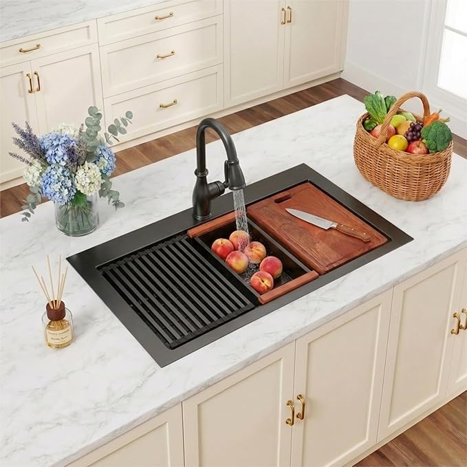 Black Drop In Kitchen Sink 36" X 22",Top Mount 16 Gauge Stainless Steel Workstation Sink,Deep & Large Single Bowl Kitchen Sinks (Black, 36" X 22")