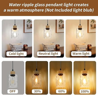 3 Pack Farmhouse Water Ripple Glass Pendant Lights for Kitchen Island, Black Kitchen Pendant Lighting, E26 Hanging Light Fixture for Dining Room, Bedroom, 41" Adjustable Cord, Bulb Not Include