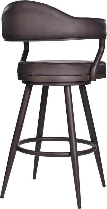Armen Living Justin Modern Farmhouse 30" Seat Height Swivel Vintage Brown Faux Leather Bar Stool with Brown Metal Legs for Kitchen Island Counter, Set of 2
