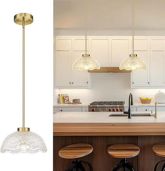 zeyu 10.4 Inch Vintage Single Pendant Light Fixture, Gold Vintage Hanging Lamp, Brushed Gold Pendant Light Kitchen Island with Clear Hammered Glass, ZJX116M1L BG