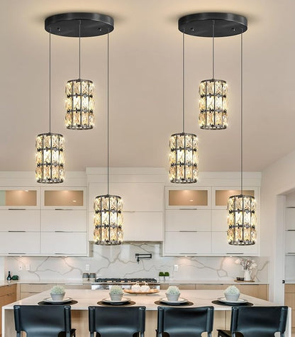 3-Lights Modern Crystal Pendant Lights for Kitchen Island LED Dimmable Glam Pendant Lighting Chandelier for Dining Room Hallway Corner Lamp Black