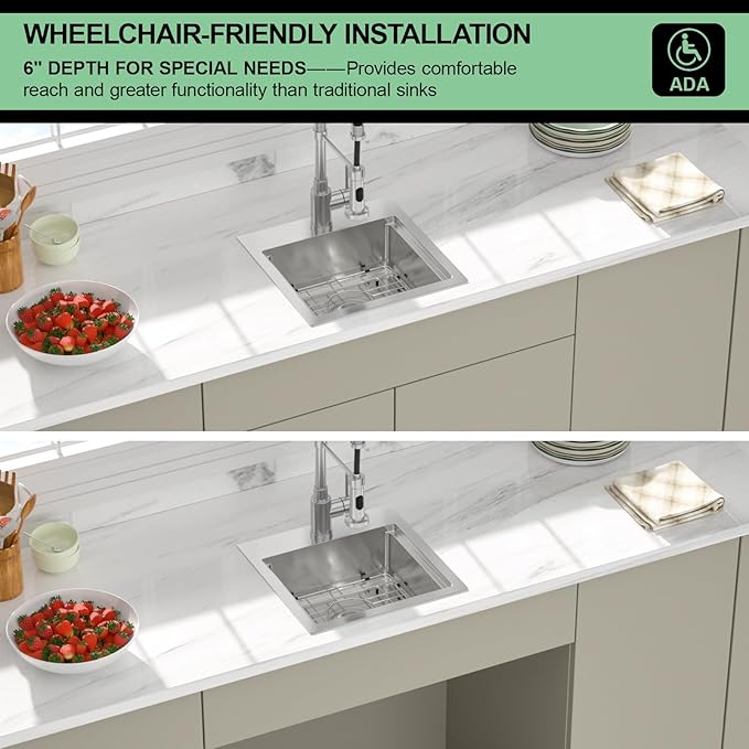15 Inch Drop In Kitchen Sink - Beslend ADA 6 Inch Depth 15x15 Drop In Worksation Sink Topmount Stainless Steel 16 Gauge Mobility Friendly Sinks for Wheelchair Accessible Kitchen