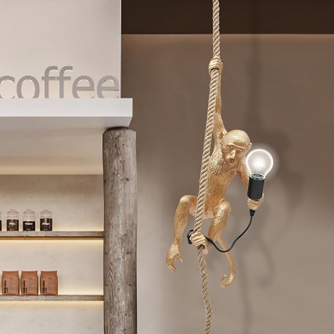 Vintage Monkey Pendant Light Retro Resin Hemp Rope Monkey Lamp 13.7 x 78.7 Inch Hanging Light Fixture E26 Chandelier Ceiling Pendant Lamp for Dining Living Room Bar Cafe (Gold - Pendant Light)