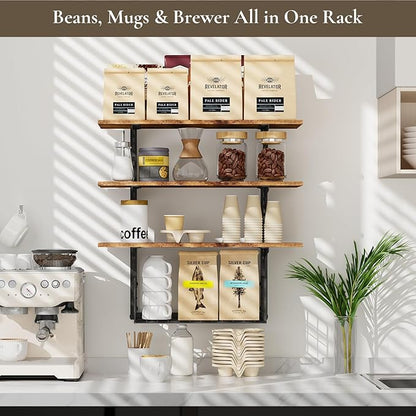 3 Tier Floating Shelf with Storage Baskets, Wall Mounted Bathroom Shelves Over Toilet, Wood Wall Shelves for Kitchen, Bedroom, Living Room, Home Organization and Decor, Rustic Brown