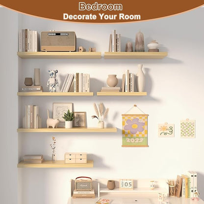 12 Inch Deep Floating Shelves for Wall 2 Pack Floating Shelfs Large Storage Space Wall Decor Display Shelf for Bathroom Living Room Bedroom Kitchen 23.8" W x 12" D x 1.2" H Natural Wood