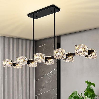 GoBright 10-Light Dining Room Light Fixture, Black Modern Chandelier with Crystal Cube Shade, Industrial Pendant Light Fixtures for Living Room, Bedroom, Kitchen, Bar, Long Table, G9 Base