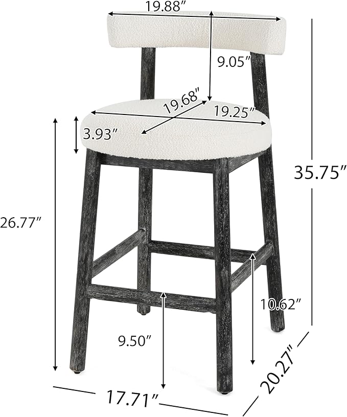 Christopher Knight Home Annes Counter Height Bar Stools Set of 2, Boucle Fabric Round Bar Stool for Kitchen Island, Wooden Dining Room Chair, Counter Stool with Footrest, Black+Milky White