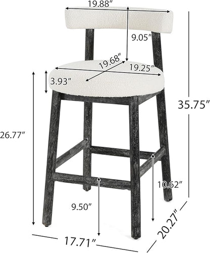 Christopher Knight Home Annes Counter Height Bar Stools Set of 2, Boucle Fabric Round Bar Stool for Kitchen Island, Wooden Dining Room Chair, Counter Stool with Footrest, Black+Milky White