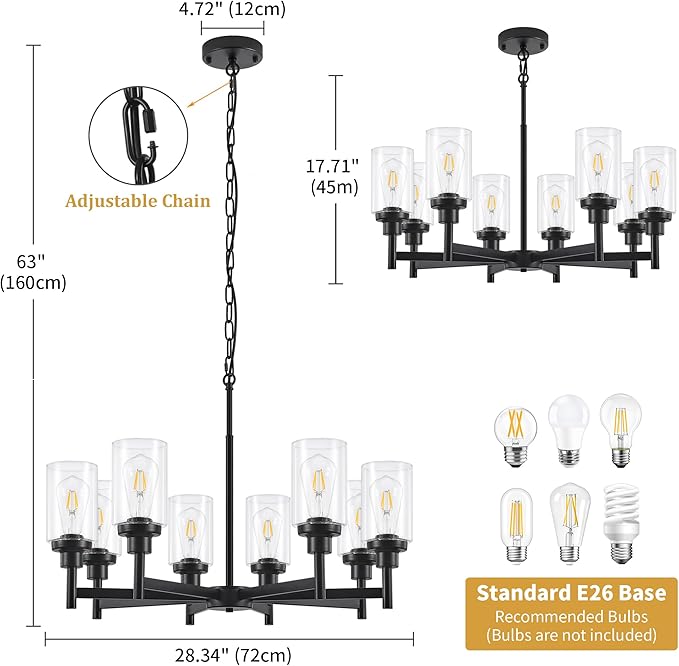 8-Light Farmhouse Glass Chandelier, Modern Black Chandelier for Dining Room Island Lights Industrial Hanging Foyer Lighting Fixtures Chandeliers for Entryway Kitchen Living Room Adjustable Height