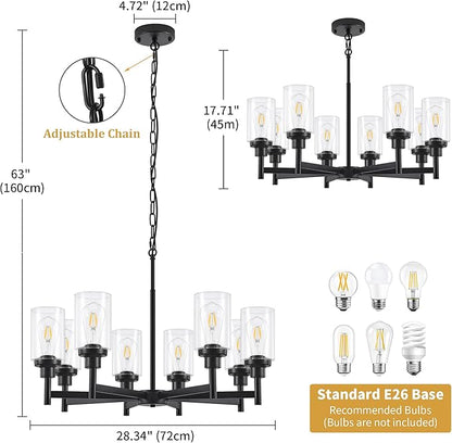 8-Light Farmhouse Glass Chandelier, Modern Black Chandelier for Dining Room Island Lights Industrial Hanging Foyer Lighting Fixtures Chandeliers for Entryway Kitchen Living Room Adjustable Height