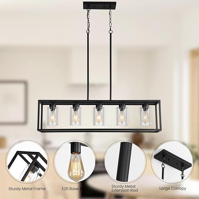 Black 5-Light Dining Room Light Fixture, Modern Farmhouse Chandeliers, Linear Rectangular Kitchen Island Lighting, Industrial Vintage Pendant Lighting with Clear Glass Shade Height Adjustable