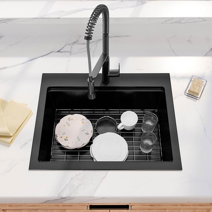 28 Inch Black Drop In Kitchen Sink, 16 Gauge Stainless Steel Single Bowl Topmount Kitchen Sink With All Accessories, 28"x22"x9" Workstation Sink