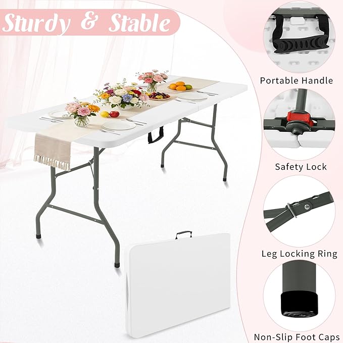Fivenl 5 Feet Portable Folding Table White, Steel Legs Fold-in-Half with Carrying Handle Rectangular Plastic Foldable Table for Party, Wedding, Camping, Picnic, Dining, Indoor Outdoor Events