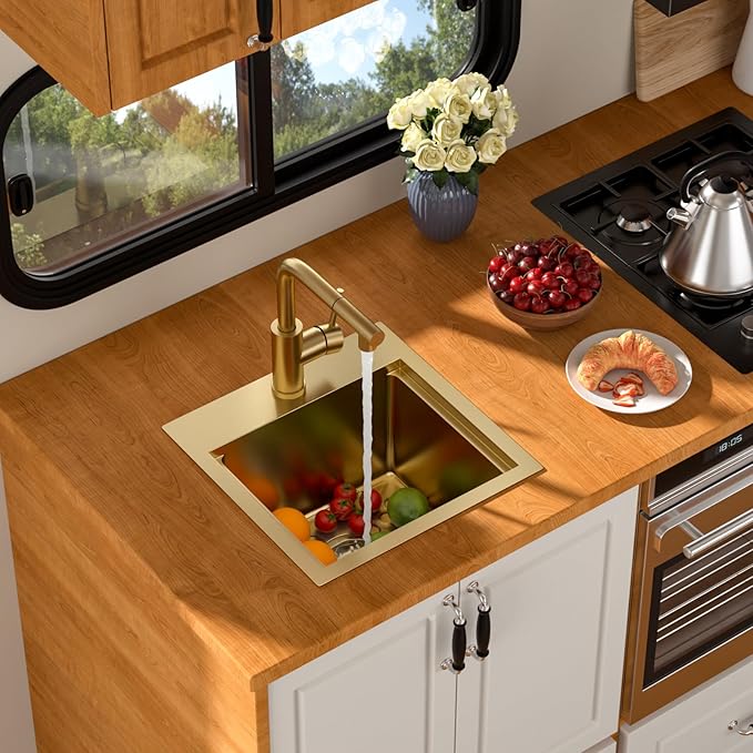 15 Outdoor Kitchen Sink with Faucet- Beslend Gold Drop In Outdoor Bar Sink with Pull-Out Faucet and Cover, 16 Gauge Stainless Steel Kitchen Sinks Workstation Single Bowl Above Counter Indoor Outdoor
