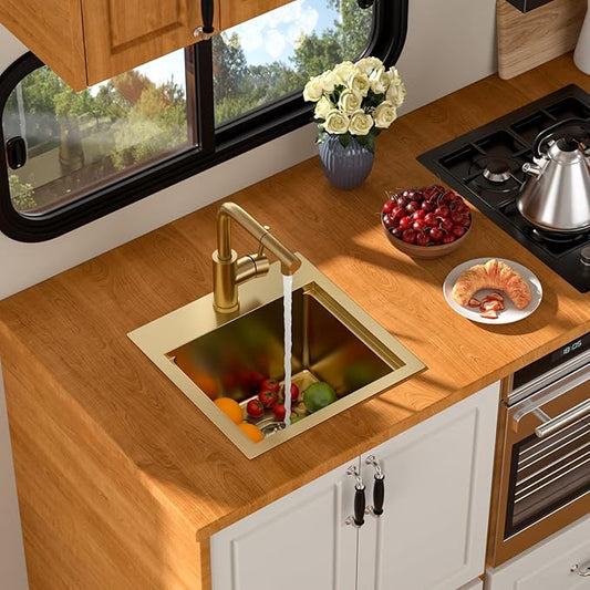 15 Outdoor Kitchen Sink with Faucet- Beslend Gold Drop In Outdoor Bar Sink with Pull-Out Faucet and Cover, 16 Gauge Stainless Steel Kitchen Sinks Workstation Single Bowl Above Counter Indoor Outdoor