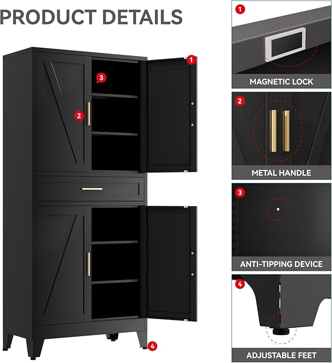 71" Tall Farmhouse Pantry Cabinet,Metal Cabinet with Doors and Shelves,Storage Cabinet for Kitchen Garage,Black 1 Pack