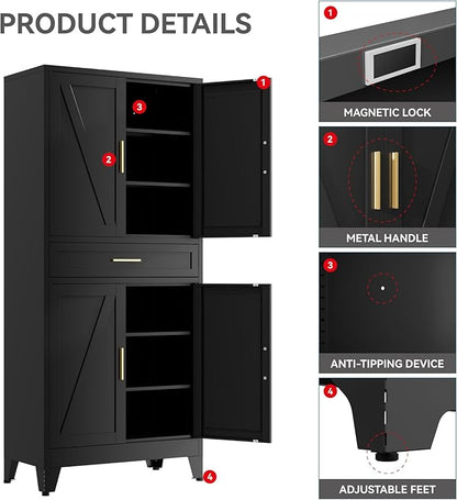 71" Tall Farmhouse Pantry Cabinet,Metal Cabinet with Doors and Shelves,Storage Cabinet for Kitchen Garage,Black 1 Pack