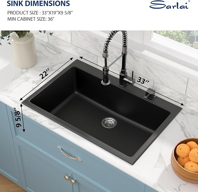Sarlai 33 Granite Composite Kitchen Sink - 33"×22" Granite Kitchen Sink Drop In Topmount Matte Black Quartz Classic Above Counter Single Bowl Basin