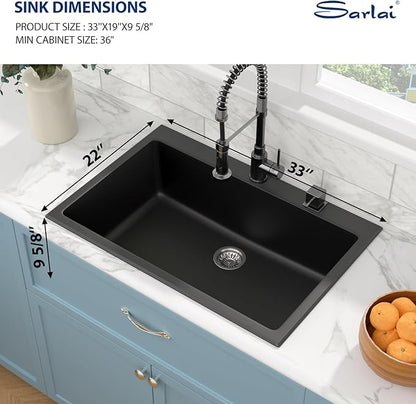 Sarlai 33 Granite Composite Kitchen Sink - 33"×22" Granite Kitchen Sink Drop In Topmount Matte Black Quartz Classic Above Counter Single Bowl Basin