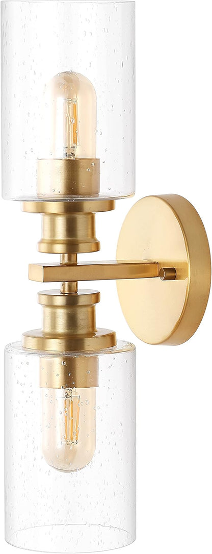 JONATHAN Y 16.5" Brass Gold 2-Light LED Wall Sconce, Modern Farmhouse Vanity Light with Seeded Glass Shade, Industrial Iron Fixture for Bathroom Mirror, LED Bulbs Included (JYL7577E)