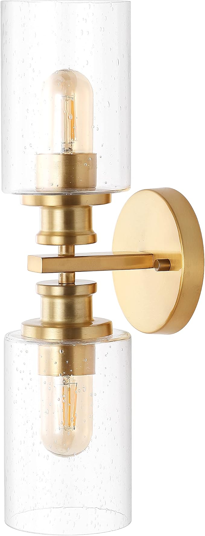 JONATHAN Y 16.5" Brass Gold 2-Light LED Wall Sconce, Modern Farmhouse Vanity Light with Seeded Glass Shade, Industrial Iron Fixture for Bathroom Mirror, LED Bulbs Included (JYL7577E)