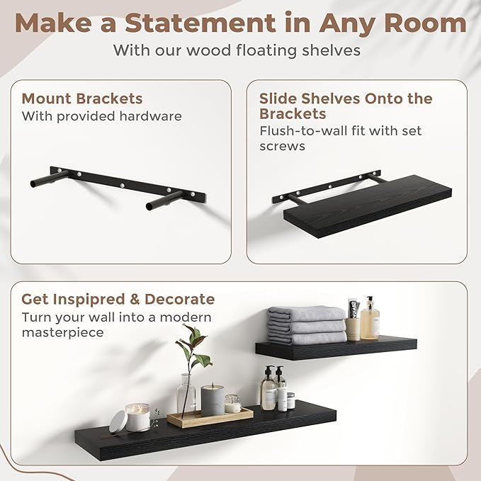 30 Inch Floating Shelves for Wall Set of 2, 8"D Wood Grain Bathroom Shelves with Invisible Brackets, Easy Install Engineered Wood Storage Shelves for Kitchen, Living Room, Bedroom, Black Finish