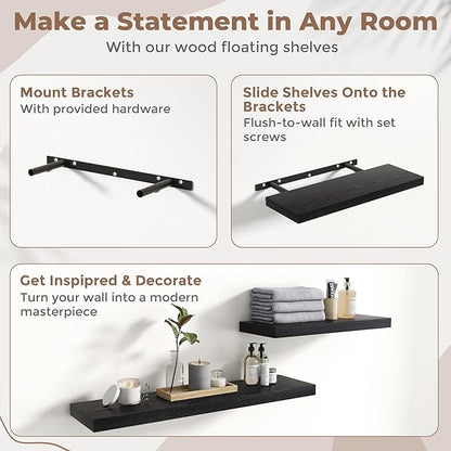 30 Inch Floating Shelves for Wall Set of 2, 8"D Wood Grain Bathroom Shelves with Invisible Brackets, Easy Install Engineered Wood Storage Shelves for Kitchen, Living Room, Bedroom, Black Finish