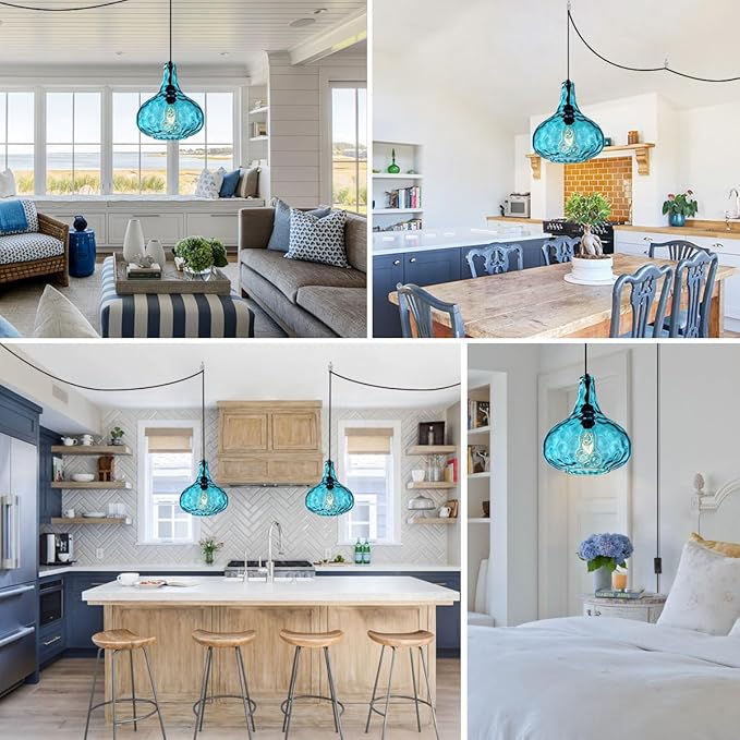 Mid-Century Modern Plug in Pendant Light Fixture,Blue Glass Pendant Lamp with 14.7 ft Cord Hammered Glass Globe Shade,Black Plug in Hanging Light for Bedroom Dining Living Room