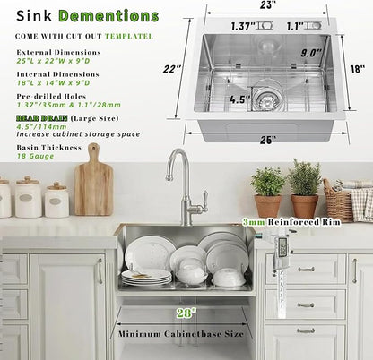 Drop In Kitchen Sink 25x22", 9" Basin Depth, 18 Gauge Stainless Steel Sink, 3D Embossed Surface Finish Top Mount with Accessories
